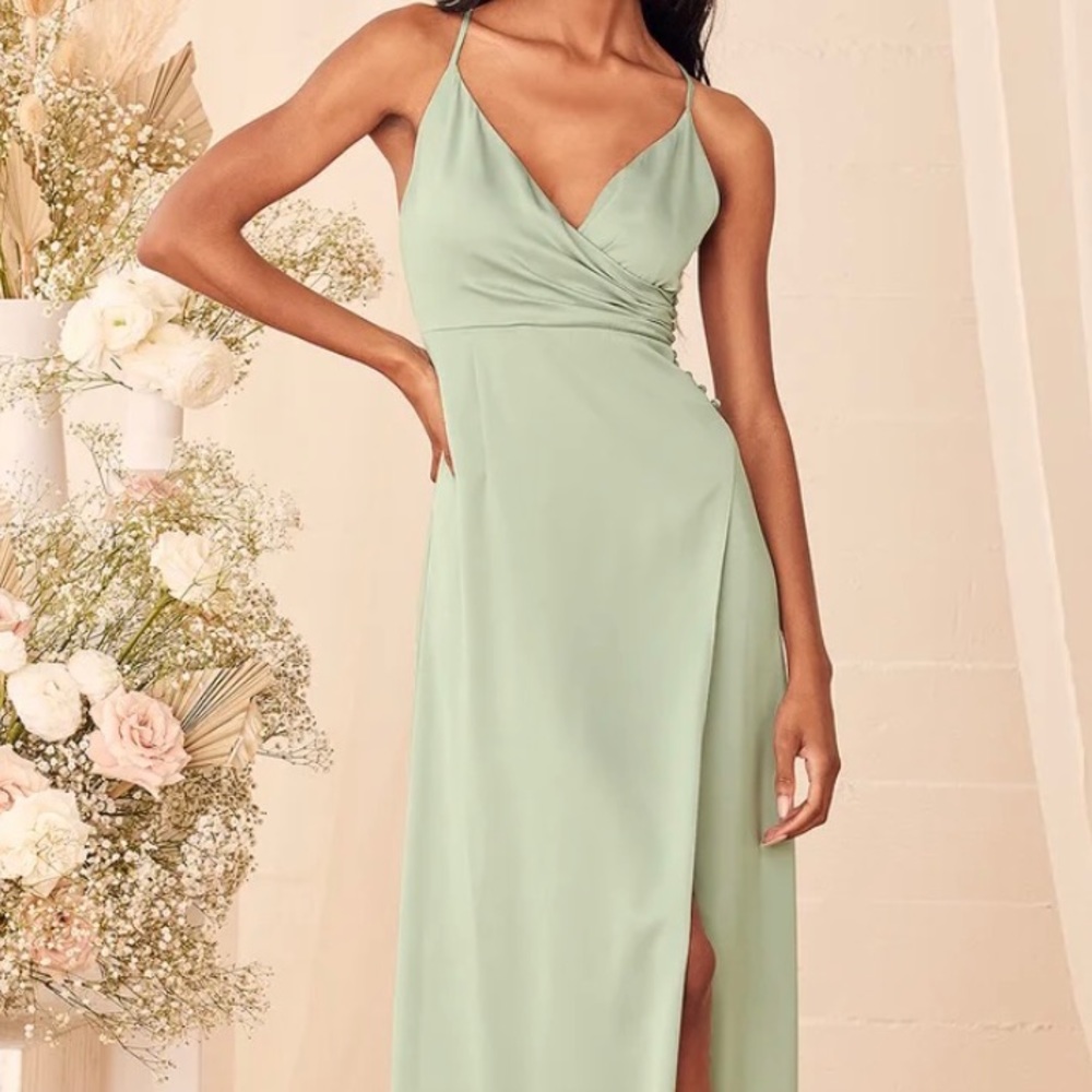 Outstanding Elegance Sage Green Satin Surplice Maxi Dress